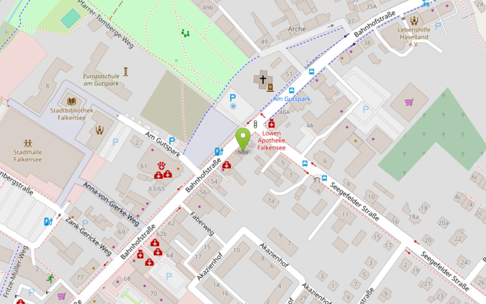 Kartenausschnitt mit Markierung: Bahnhofsstraße 50a, 14612 Falkensee